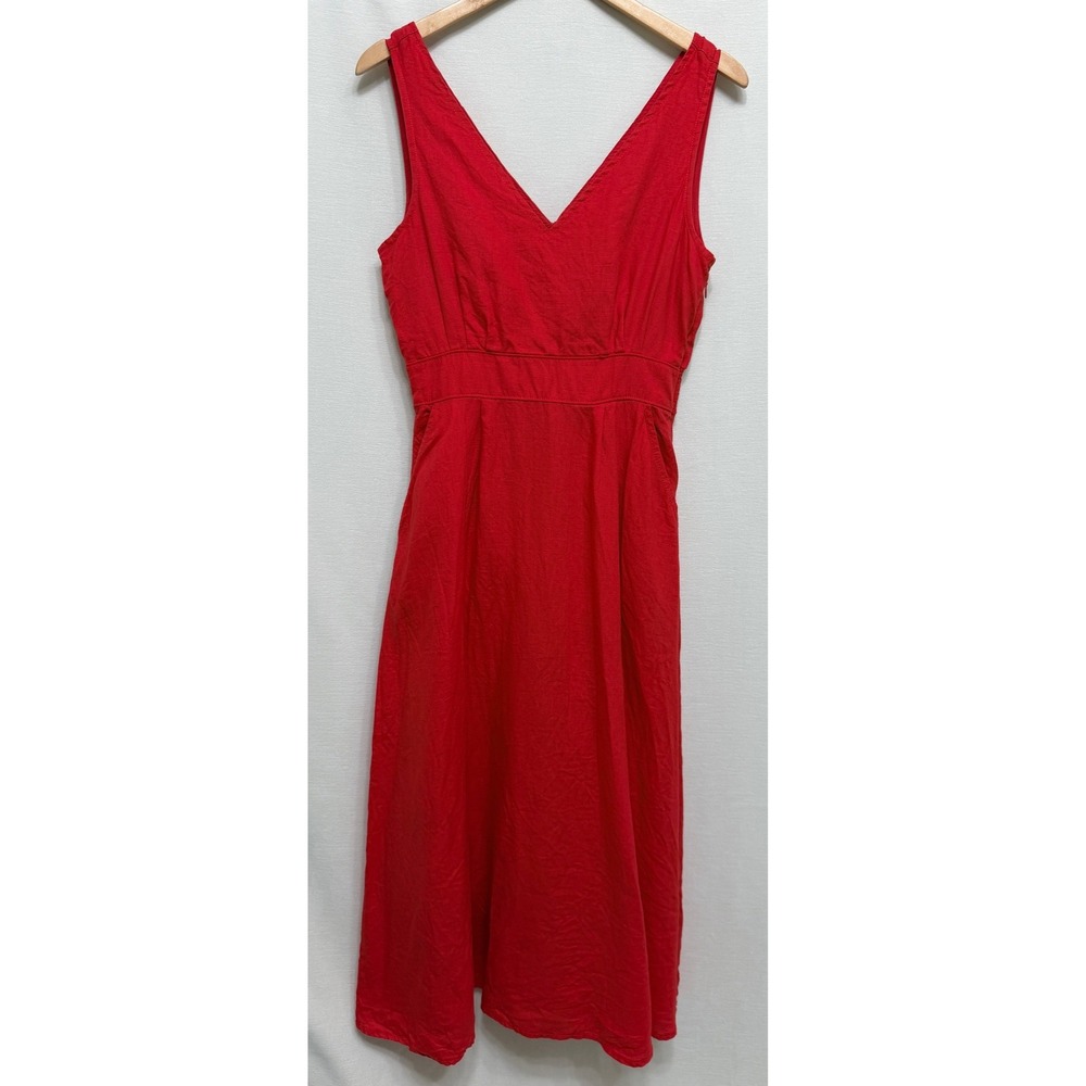 Cynthia Rowley Women's Dress Red 100% Linen V-Neck Midi Sleeveless Summer